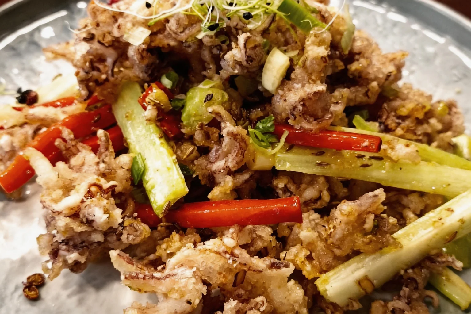 Crispy sautéed small squid on a grey plate
