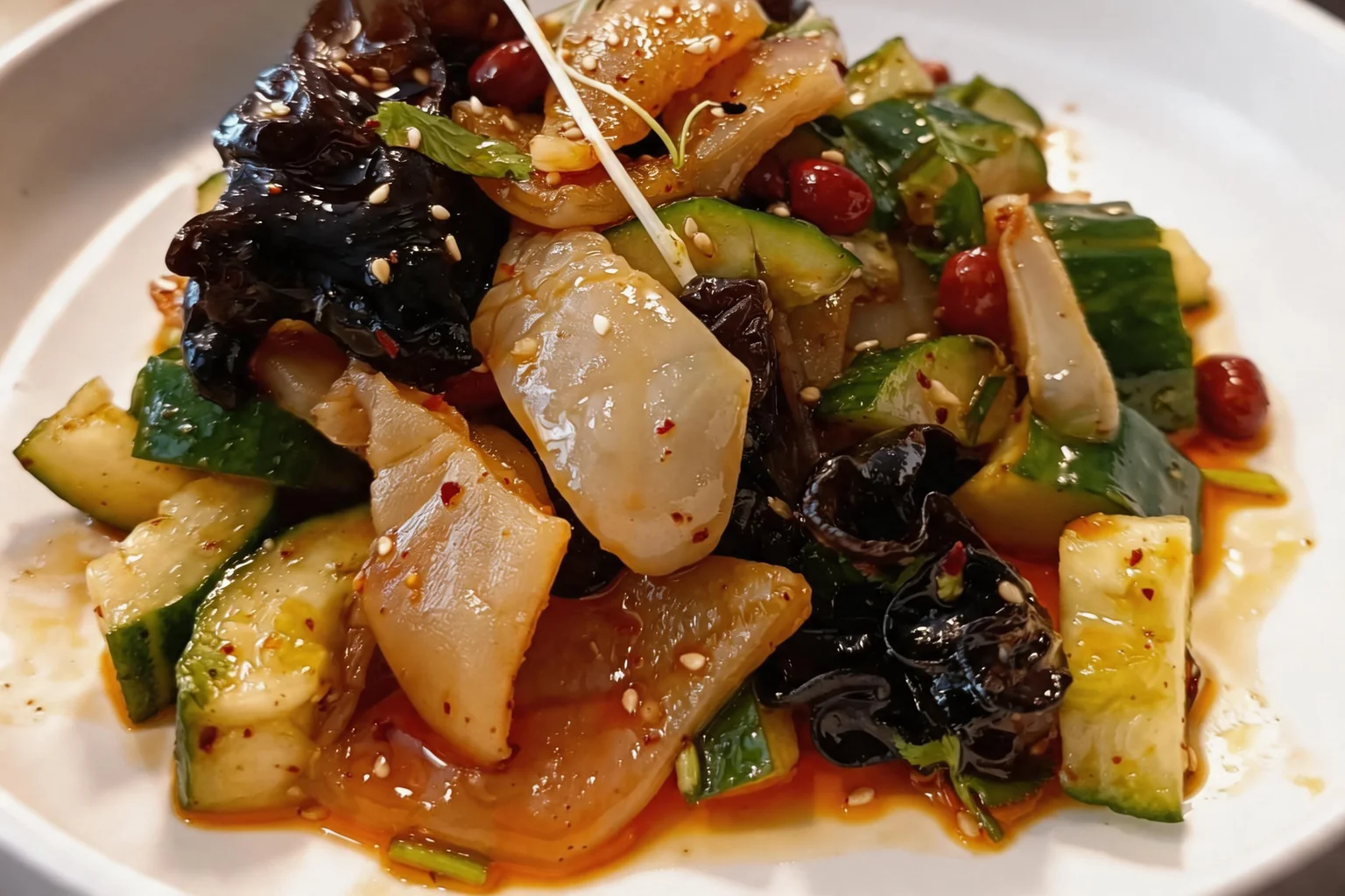 Jellyfish and cucumber salad in a white plate