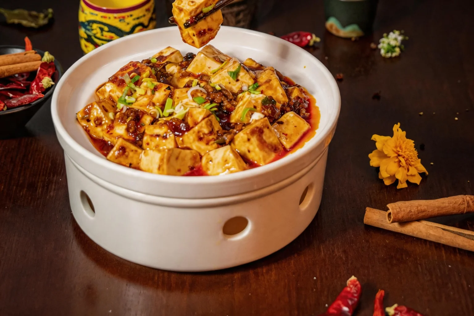 Tofu in sauce in a white bowl on a warmer, dark wooden table
