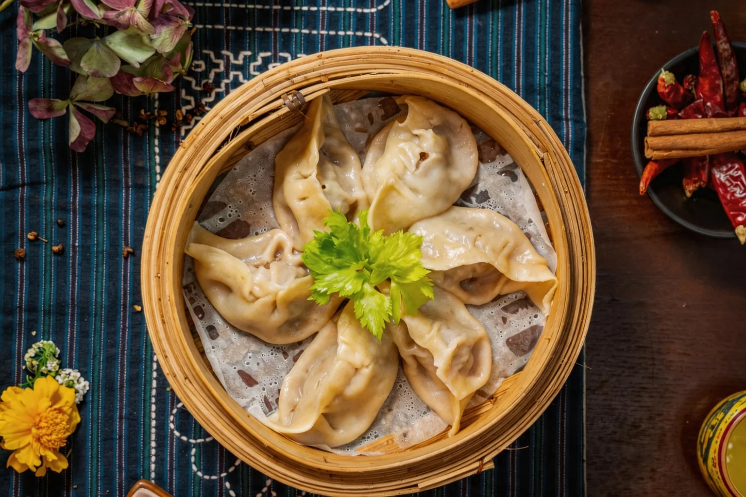 Dumplings in a bamboo basket, blue table runner